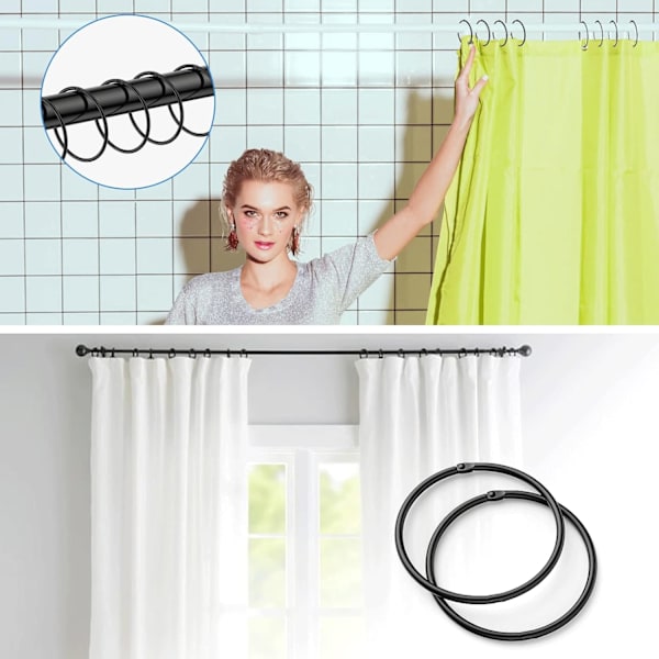 24-pack duschdraperiringar, duschdraperikrokar i rostfritt stål, svarta