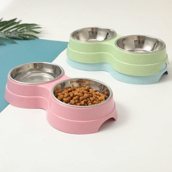 Dobbeltlags hundeskål og katteskål i rustfritt stål, enkeltlags dobbel skål for hund og katt, kjæledyrstilbehør pink
