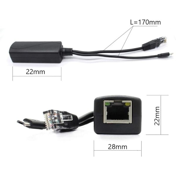 2-pack Gigabit PoE Splitter, 48V till 5V 2.4A Micro USB Ethernet Adapter, fungerar med Raspberry Pi 3B+, IP-kamera och mer.