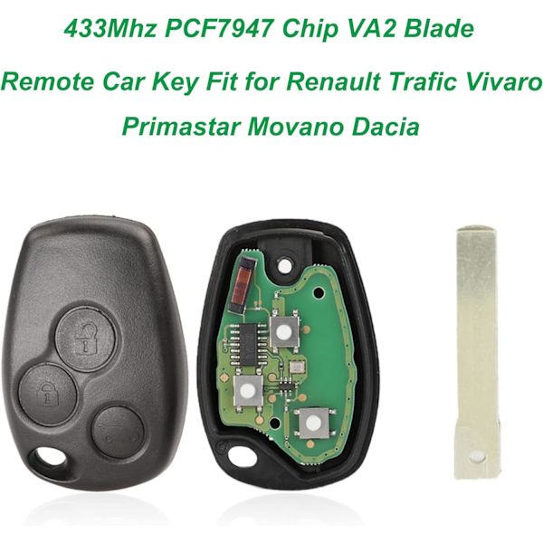 Avainaihio 3 napilla 433 MHz kaukosäätöinen auton avaimenperä Renault Trafic Vivaro Primastar Movano Dacia PCF7947 sirulla