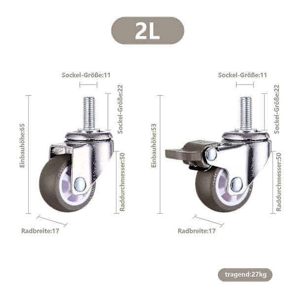 M10 svingbare hjul med brems, kraftige svingbare gummihjul, arbeidsbord, møbelhjul, gjengediameter: 10 mm, lengde 25 mm, 2 med bremser + 2