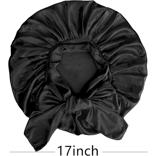 Satin Bonnet Silke Bonnet for Kvinner, Hår Bonnet for Soving, Jumbo Bonnet Satin Silke Bonnet, Justerbar Slips Bonnet (Svart)