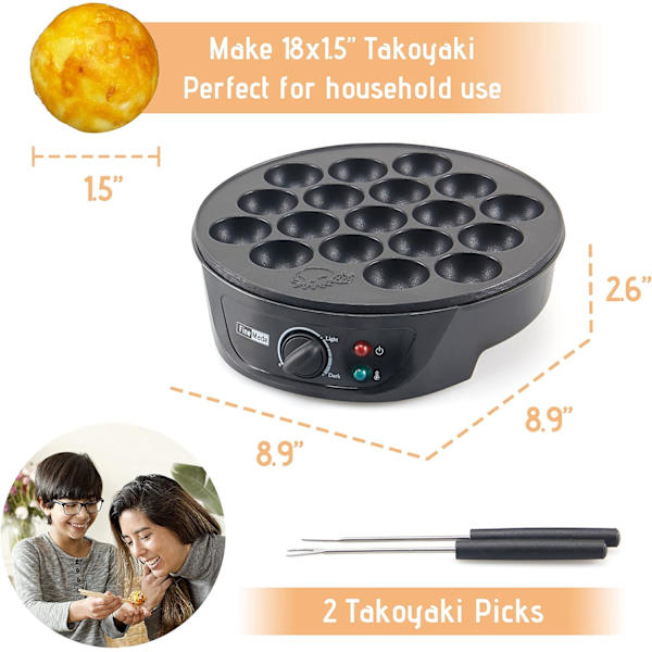 Takoyaki Maskin med Temperaturkontroll, Verktyg och Recept, Gör 18 Japanska Bläckfiskbollar samtidigt, Lätt att Använda