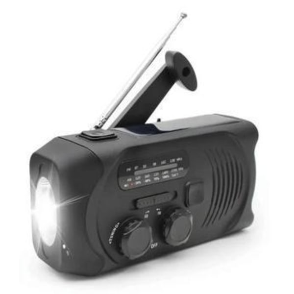 Svart vevradio med solceller, ficklampa och 2000mAh powerbank Nödradio, överlevnad svart Black Black
