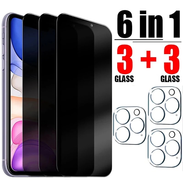 6-i-1 Anti-Spy Hærdet Glas til iPhone 14 13 12 11 15 Pro Max Kamera Skærmbeskytter til iPhone 11 13 11 12 14 15 Plus Pro Glas til iPhone 15 For iPhone 15 6IN1 Glass