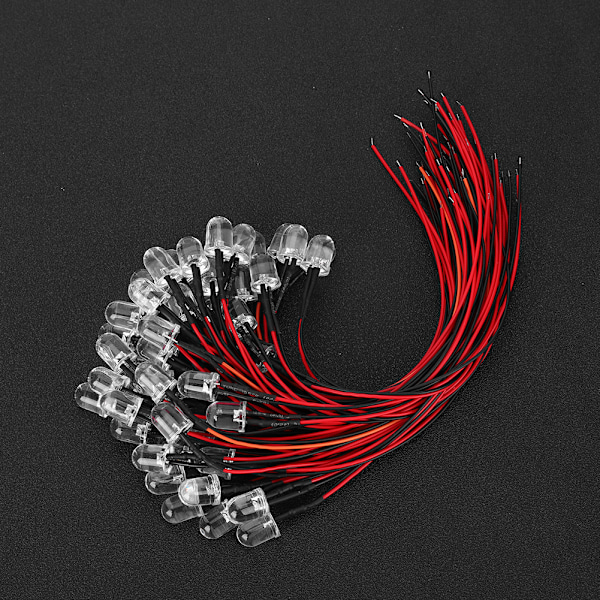 50 st LED-dioder med kablar, 12V, 10 mm rund, röd{YD}