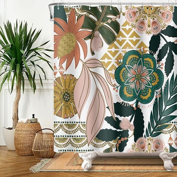 Bohemisk Dusjforheng, Boho Stil Dusjforheng Blomster Rose Grønn