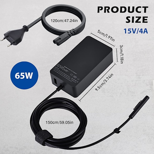 Surface Pro Lader, 65w 15v 4a Microsoft Surface Lader for Surface Laptop 4/3/2/1, Surface Book1/2, Surface Pro 3/4/5/6/7/8/9/x, Surface Go Med Oss