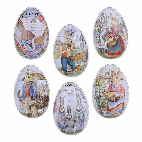 6 egg i en blikkboks, kanin metall godteriboks kan fylles med egg metall tomt skall kurv fyll leker, egnet for barns eggjaktgaver
