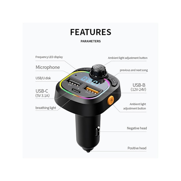 Auton MP3-soitin BT 5.0 Monitoiminen 20W Nopea Lataus Muistitoiminto Vakaa Lähetys FM-lähetin Valaistuksella