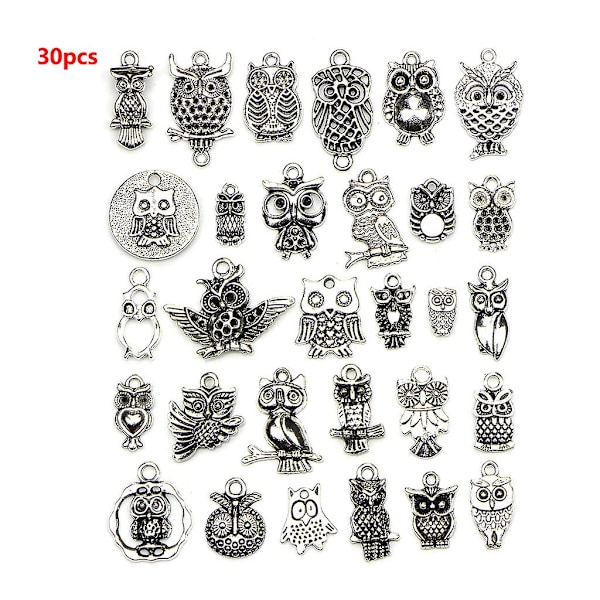 30 st/set Djur Lyckoberlock Smycken Antik Silver Uggla Berlocker För Smycken{GKS}