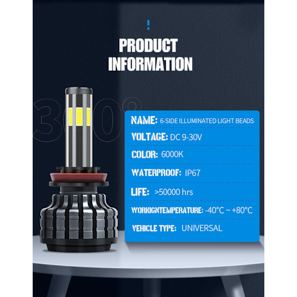 360° 6-sidig H13/9008 LED-frontlyktpære fjernlys/nærlys 200W 20000LM 6000K 12