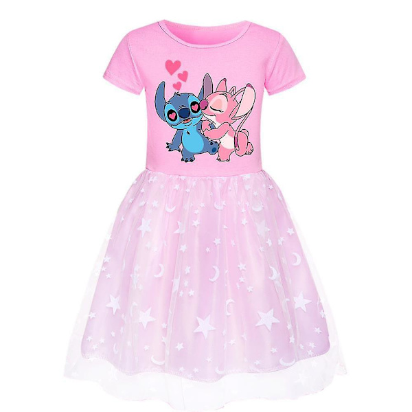 Lasten Mekko Lilo & Stitch Painettu Hame Kesä Lyhythihainen Syntymäpäiväjuhlamekko 3-10 Vuotta Pinkki Pink 7-8 Years