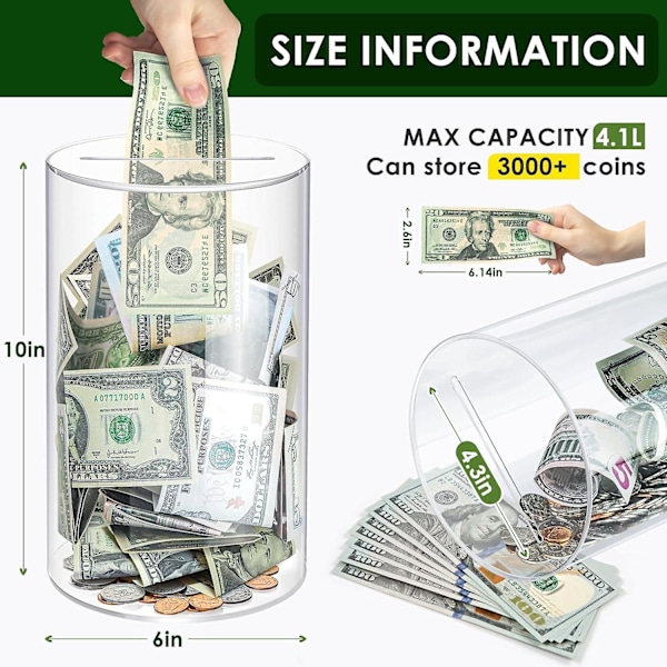 Ekstra stor sparegris til voksne og børn, akryl gennemsigtig sparegris og møntkrukke, 4,1 liters kapacitet skal brydes for at åbne (15*25,5cm)