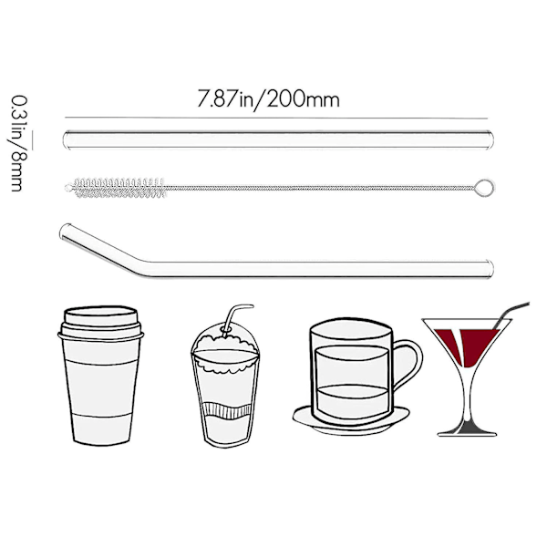 12 st klara återanvändbara sugrör i glas, splittringsfria glassugrör, 6 raka och 6 böjda med rengöringsborste