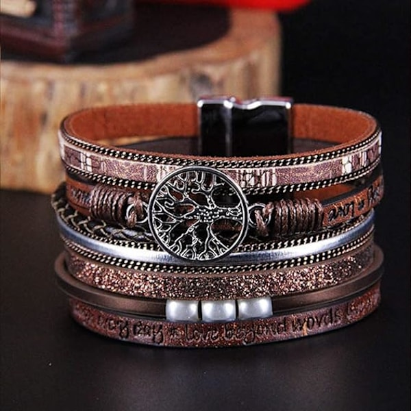 Dame Piger Livets Træ Læderarmbånd Multilayer Wrap