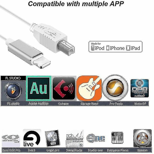 Lightning til Type-b Midi Keyboard Konverter USB 2.0 Kabel til iPhone 7 8 X iPad