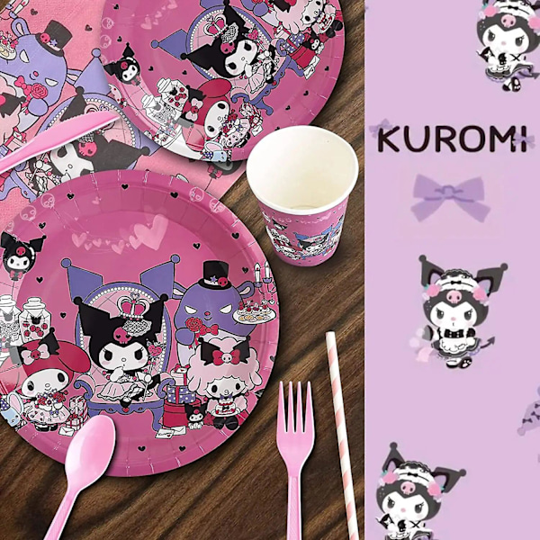 2024 Kuromi Födelsedagsfest Dekoration Min Melodi Festartiklar Rosa Bordsduk Koppar Ballonger 9 Tallrikar Banner Baby Shower Tillbehör Leksak Tableware 81pcs