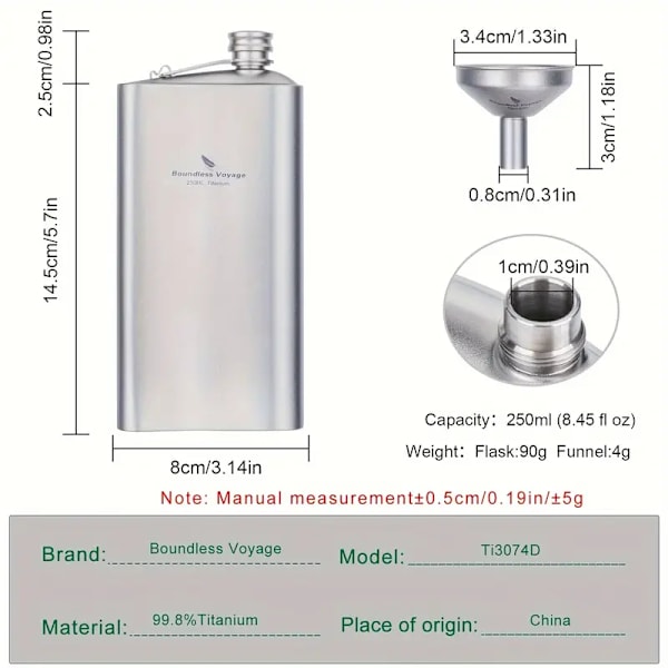 En 250ml/8.45oz ren titanium udendørs hvidvinsflaske, bærbar camping vandflaske, forseglet enkelt lag