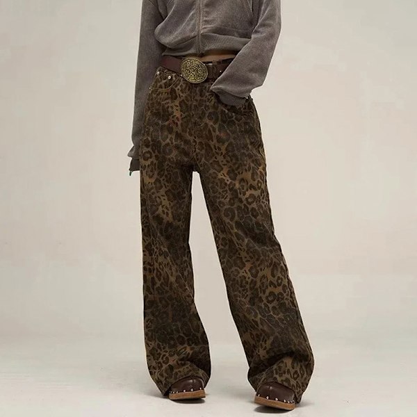 Tan Leopard Jeans Naisten Denim-housut Leveät Housut Leopardikuvio Leopardikuvio leopard print L