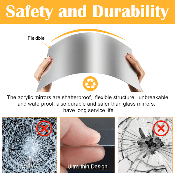 Selvklebende speil, fleksible akrylspeil veggklistremerker ikke-glass speil med høy oppløsning, for bad, soverom, stue, gangdekorasjon (12