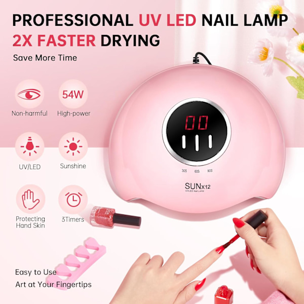 UV LED Neglelampe 54W Negletørrer Gel Polish Lampe 3 Timerindstillinger Professionel Hurtigtørrende Hærdningslampe med Display Auto Sensor, Pink