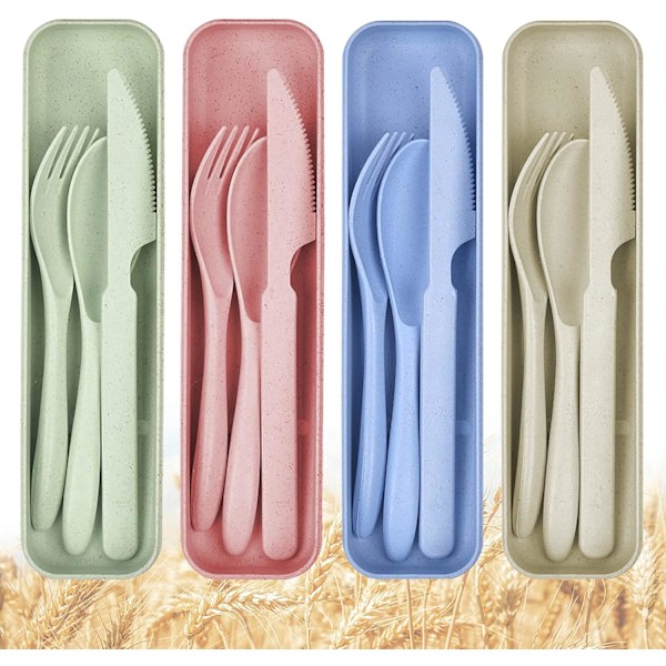 Portable Plastic Set Reusable Outdoor Cutlery Spoon Fork, Beige Green Pink Blue