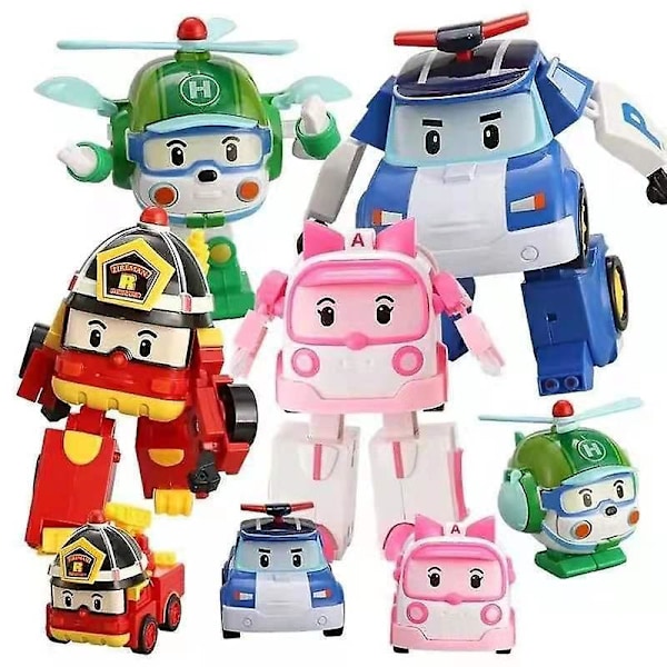 6kpl/setti 2023 Korea Lelu Polis Robocars Muunnosrobotti Poli Roy Amber Anime Metalli Toimintahahmo Sarjakuva Leluauto Lapsille 3