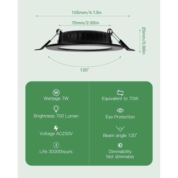 Ultratanke LED forsænkede spots 230V, Sæt med 6 forsænkede spots 7W Energibesparende loftspots IP44 forsænkede spots, Sort, 6000K