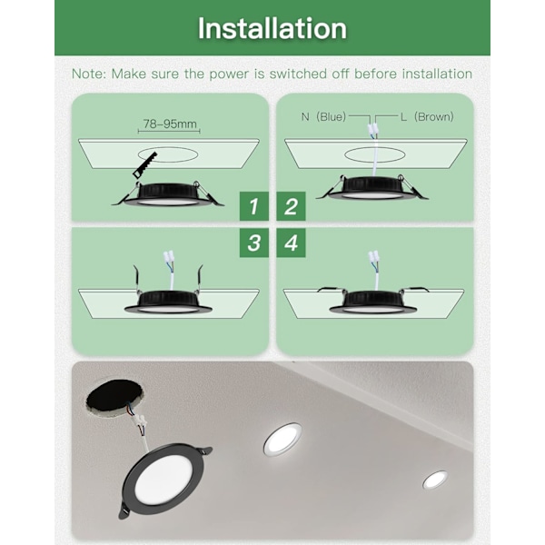 Ultratanke LED forsænkede spots 230V, Sæt med 6 forsænkede spots 7W Energibesparende loftspots IP44 forsænkede spots, Sort, 6000K