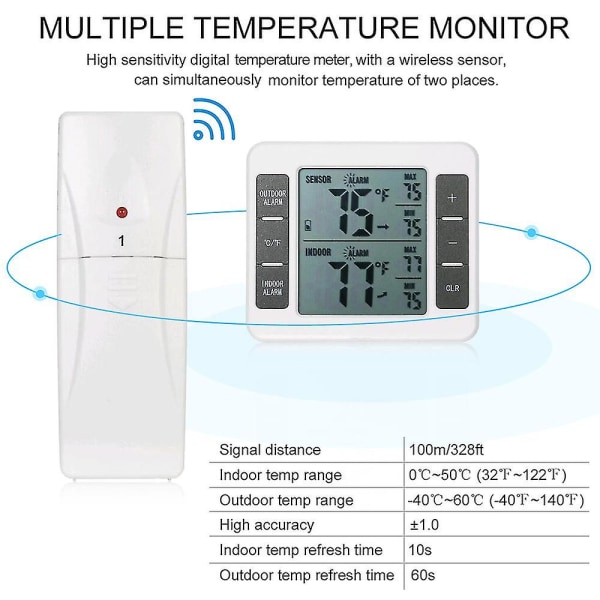 Sisä-ulkolämpötilamittari langattomalla anturilla Digitaalinen lämpötilan  mittausmittari Max & Min Record Suuri LCD-näyttö kotimakuuhuoneen  toimistoon (2- 4613 | Fyndiq