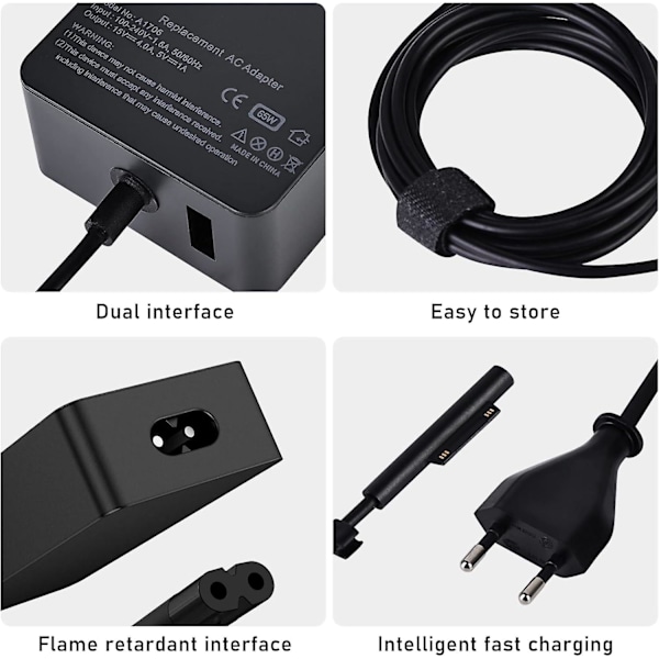 Surface Pro -laturi, 65 W 15 V 4 A Microsoft Surface -laturi Surface Laptop 4/3/2/1, Surface Book 1/2, Surface Pro 3/4/5/6/7/8/9/x, Surface Go -laitteille ja USB-portilla