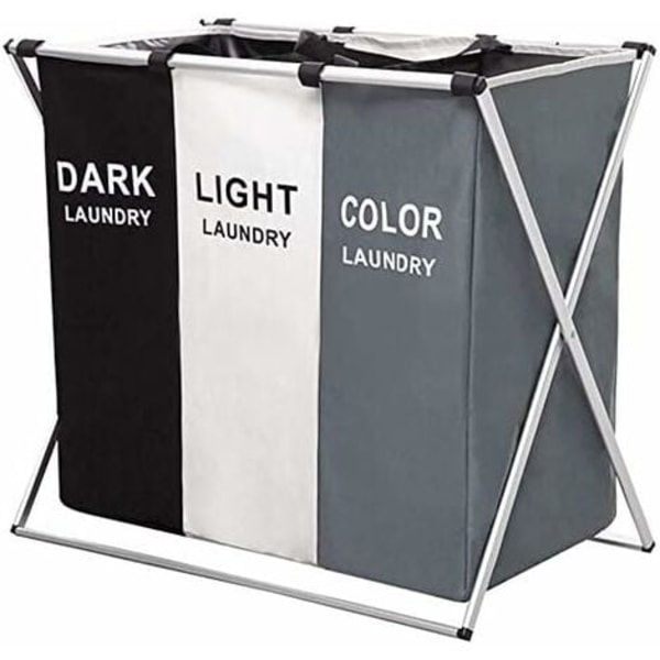 Vikbar Tvättkorg Trippel Tvättkorg 3 Löstagbara Påsar (155L) med Tyg Handtag för Badrum Hem Tvätt 68x38x60cm (Grå Vit Svart)