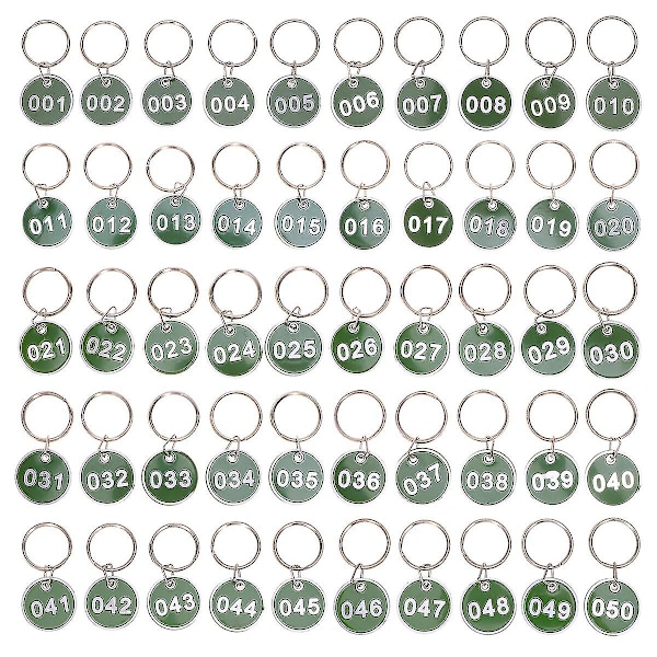 50 stk. nøkkelringer i rustfritt stål med nummererte nøkkelbrikker i metall, nummererte nøkkelringer i metall, runde nummererte brikker