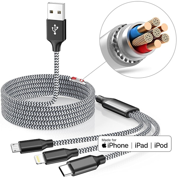 Useita latauskaapeleita 3-pakkauksessa 4FT Monilatauskaapeli Nopea kaapeli USB-latauskaapeli 3-in-1