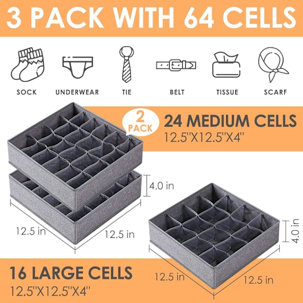 3-pack strumpor underkläder organizer avdelare, för förvaring av strumpor, underkläder