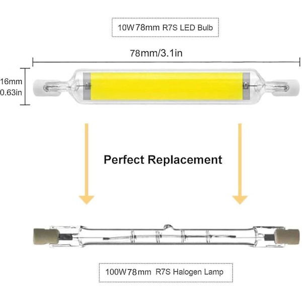 2-pack 10W 78mm R7s LED-lampor Dimbar Kallvit 6000-6500k 100W Halogen J78 Ersättning, Dubbelsidig R7s Basrör, 360 Graders Ljusvinkel, Energibesparande