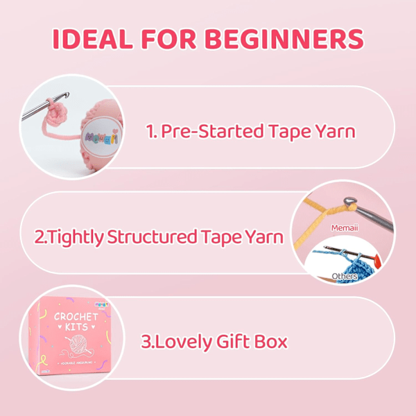 Virkningskit för nybörjare, komplett DIY-djurkit med 40%+ förmonterat bandgarn, steg-för-steg videoinstruktion för vuxna och barn (Fluffig Ko)