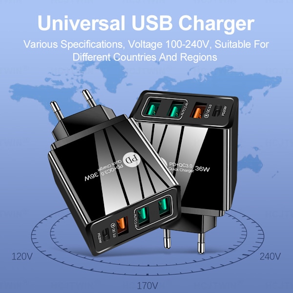 Standard 36W PD20W+2.4A 3USB 4A Europæisk Standard Mobiltelefon Oplader Multiport Opladningshoved Adapter