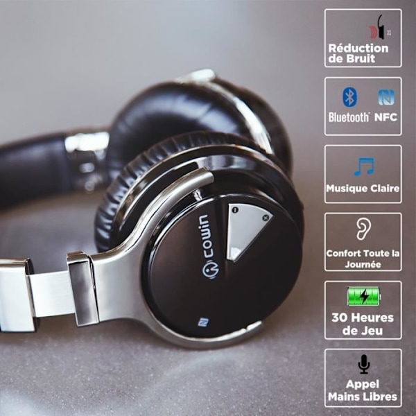 Cowin E7 Svarta Trådlösa Bluetooth Hörlurar med Mikrofon för TV, Aktiv Brusreducering och 30 timmars Musik