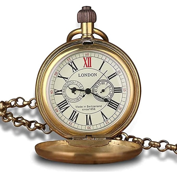 Antik koppar London-fickor och klockor Mekanisk watch Hand Wind Herrficka med kedja Julpresentförpackning