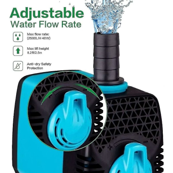 550 GPH (2500 L/H) Fontenepumpe, 40W Senkbar Vannpumpe, Ultra Stille Utendørs Senkbare Fontenepumper med 2,5 Meters Løftehøyde, Strømledning