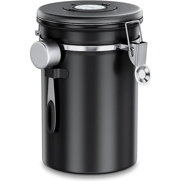 Lufttät kaffeburk 1 kg - kaffebönbehållare i rostfritt stål med CO2-ventil - med mätsked (2,8 L svart) - Perfet