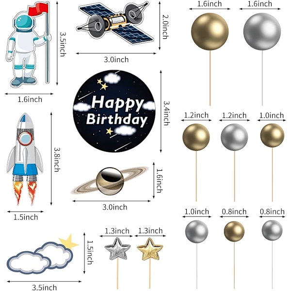 22 st rymdtårtdekorationer, rymdmuffinsdekorationer astronautfigur födelsedag yttre rymd temafestdekorationer tillbehör gold