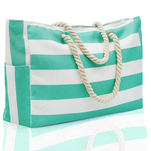 Strandtaske til Kvinder Vandtæt Strand Tote Taske med Lomme Dame Sportstaske Piger Sommer Tote Taske Skuldertaske Shoppingtaske Cyan