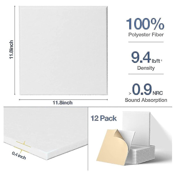 Självhäftande Akustikpaneler 12-pack, 12 x 12 x 0,4 tum Ljudisolering, Ljudabsorberande Panel, Vit