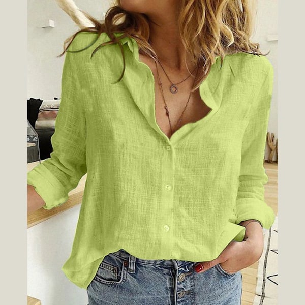 Kvinners Lin Skjorter Casual Ensfarget Knapp Knaphull Bluser Skjorte Sommer Topper En Beste Gave Fluorescerende Grønn Fluorescent Green 5XL