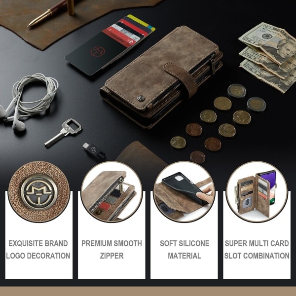 SQBB Etui til Samsung Galaxy A22 5g Wallet Case Holdbart PU Læder Magnetisk Flip Lynlås Kortholder - Brun Brun none【YD】