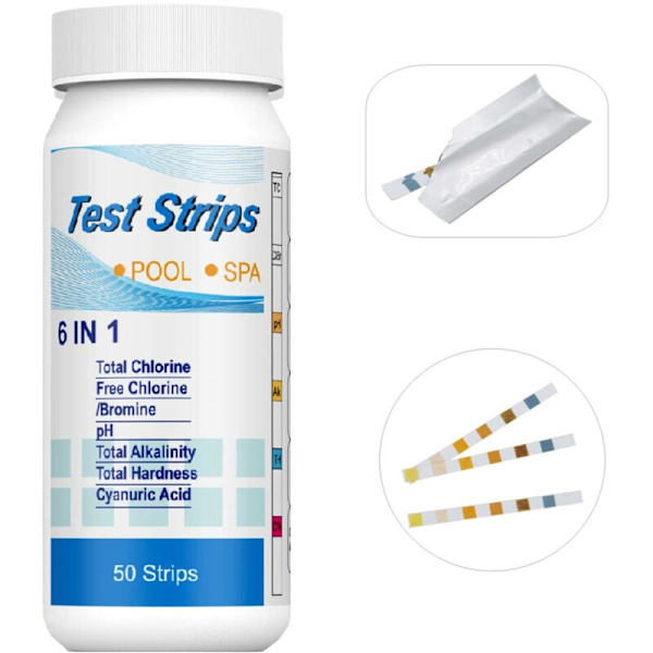 Pool pH Teststrips, 50 stk., 6-i-1 pH til swimmingpool/spa/boblebad/total klor/frit klor/total talkum/syrecyanid/vandhårdhed
