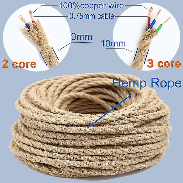 Kjerne 3 Kjerne Tvinnet Kabel Hamp Rep Elektrisk Ledning Retro Stil Kobber Vintage Lampeledning Vevd Tekstilledning Hengende Lysledning 3 Kjerne 3 Core 5 m